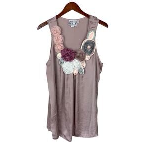 Keren Hart Satin Tank Top Flower Embellished Sleeveless Blouse Mauve Women's XL
